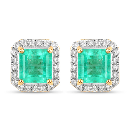Emerald-2.53 Carat Genuine Colombian Emerald and White Diamond 14K Yellow Gold Earrings