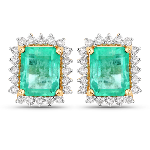 Emerald-2.40 Carat Genuine Colombian Emerald and White Diamond 14K Yellow Gold Earrings