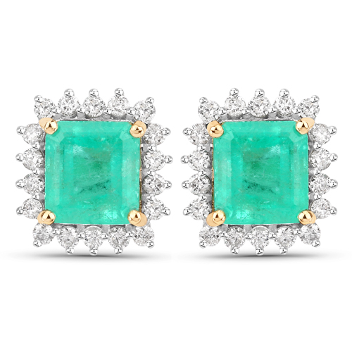 Emerald-2.30 Carat Genuine Colombian Emerald and White Diamond 14K Yellow Gold Earrings