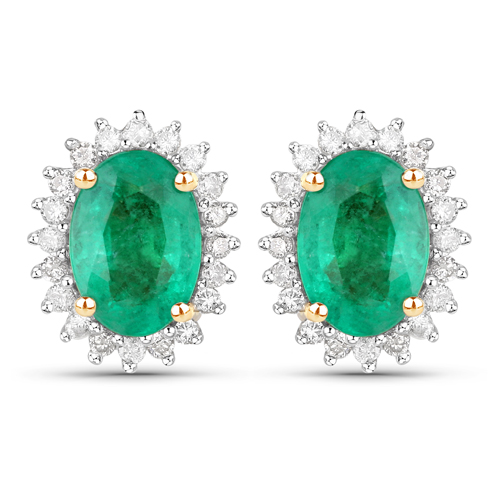 Emerald-1.68 Carat Genuine Zambian Emerald and White Diamond 14K Yellow Gold Earrings