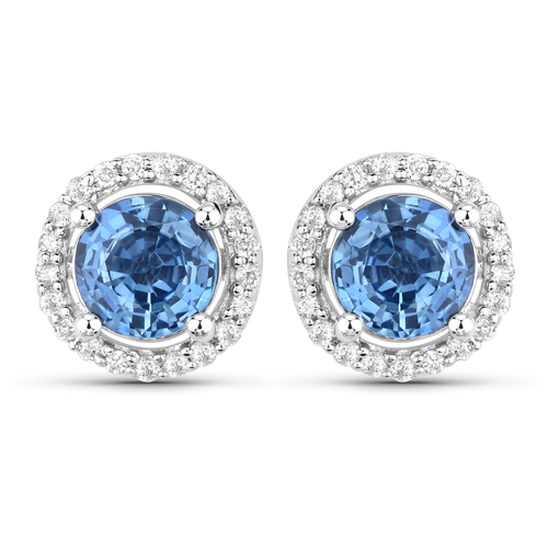 Earrings-1.42 Carat Genuine Blue Sapphire and White Diamond 14K White Gold Earrings