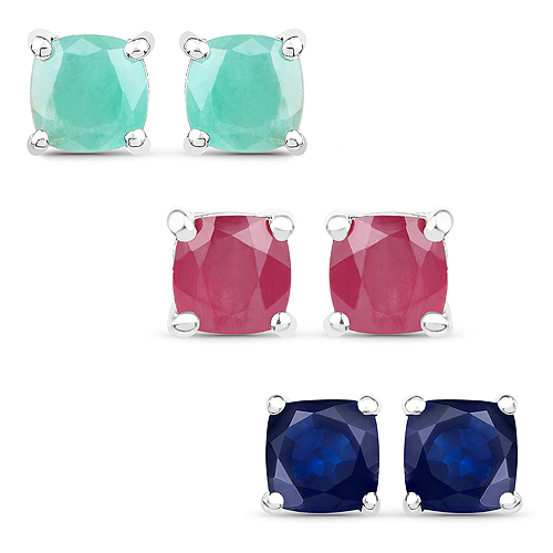 Emerald-3.60 Carat Emerald, Glass Filled Ruby and Glass Filled Sapphire .925 Sterling Silver Earrings