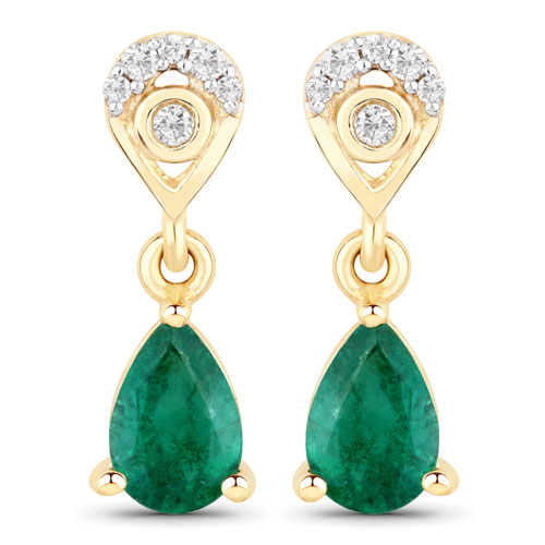 Emerald-0.75 Carat Genuine Zambian Emerald And White Diamond 10K Yellow Gold Earrings