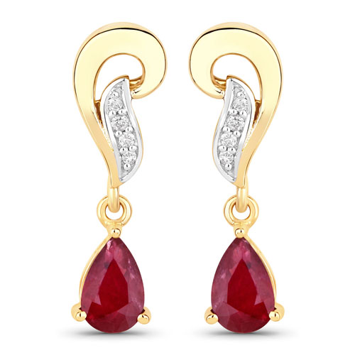 Earrings-0.83 Carat Genuine Mozambique Ruby And White Diamond 10K Yellow Gold Earrings
