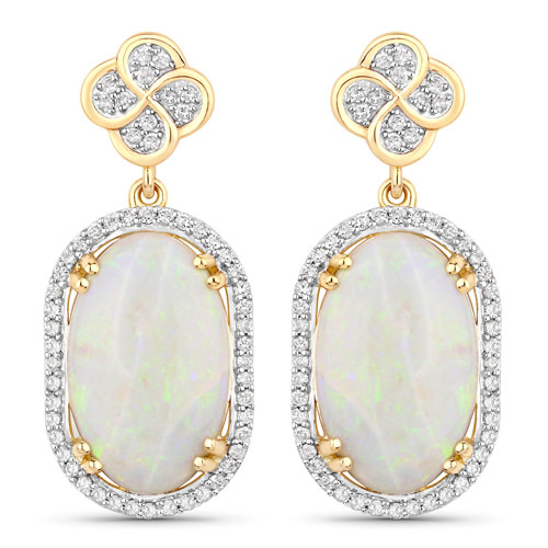 Opal-7.37 Carat Genuine White Opal and White Diamond 14K Yellow Gold Earrings