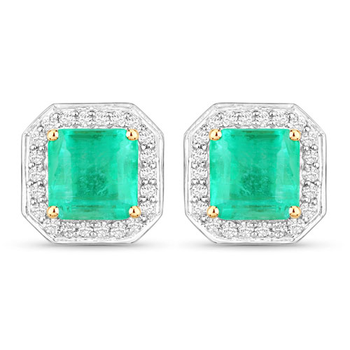 Emerald-1.90 Carat Genuine Emerald and White Diamond 14K Yellow Gold Earrings