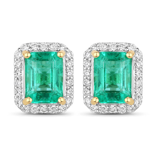 Emerald-2.09 Carat Genuine Emerald and White Diamond 14K Yellow Gold Earrings