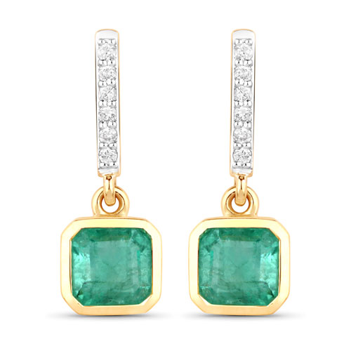 Emerald-1.98 Carat Genuine Emerald and White Diamond 14K Yellow Gold Earrings