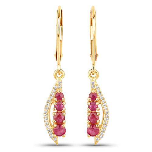 Earrings-0.87 Carat Genuine Ruby and White Diamond 14K Yellow Gold Earrings