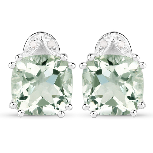 Amethyst-7.02 Carat Genuine Green Amethyst & White Diamond .925 Sterling Silver Earrings