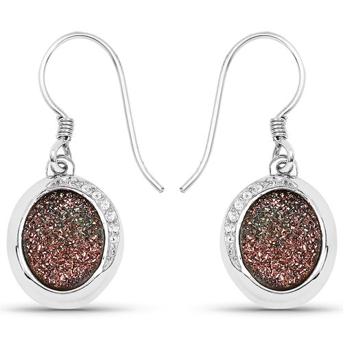 4.72 Carat Genuine Copper Bloom Drusy and White Topaz .925 Sterling Silver Earrings
