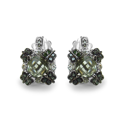 Amethyst-2.91 Carat Genuine Green Amethyst, White Sapphire & Green Diamond .925 Sterling Silver Earrings