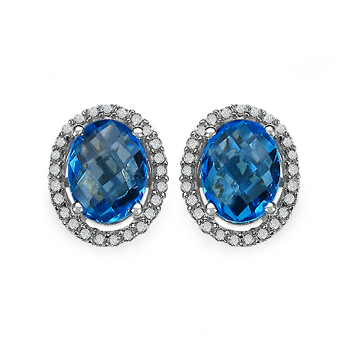 Earrings-2.89 Carat Genuine White Diamond & Blue Topaz .925 Sterling Silver Earrings