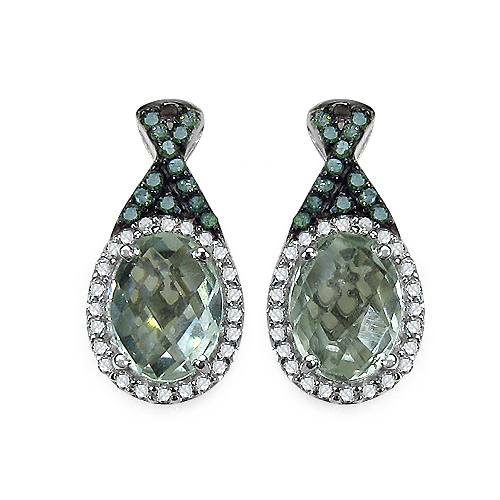Amethyst-2.55 Carat Genuine Green Amethyst, Green Diamond & White Diamond .925 Sterling Silver Earrings