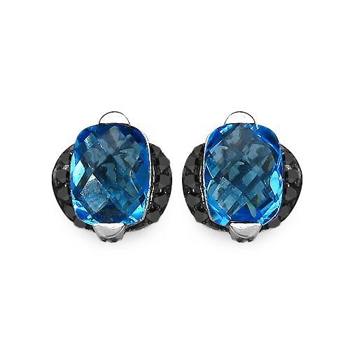 Earrings-3.74 Carat Genuine Blue Topaz & Black Diamond .925 Sterling Silver Earrings
