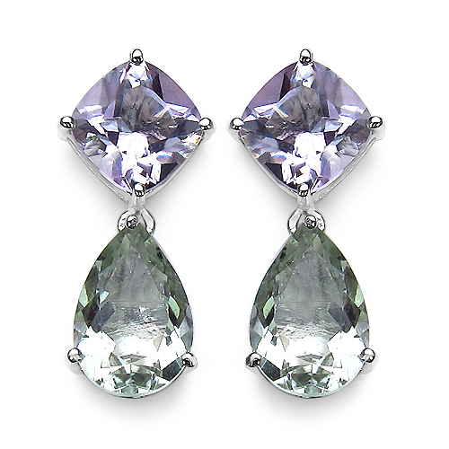 Amethyst-9.41 Carat Genuine Green Amethyst, Pink Amethyst & White Diamond .925 Sterling Silver Earrings