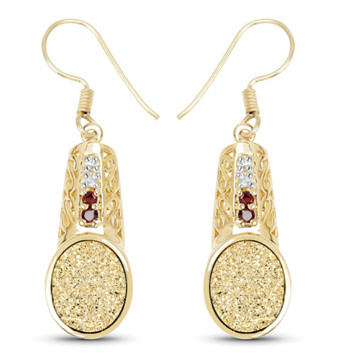 14K Yellow Gold Plated 7.69 Carat Genuine Golden Drusy, Garnet and White Topaz .925 Sterling Silver Earrings