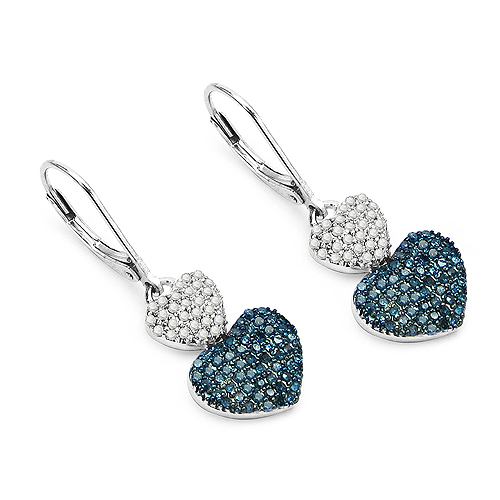 Earrings-0.94 Carat Genuine Blue Diamond & White Diamond .925 Sterling Silver Earrings