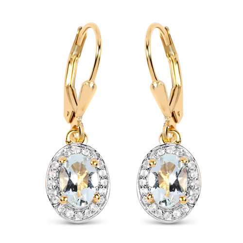 14K Yellow Gold Plated 1.70 Carat Genuine Aquamarine and White Topaz .925 Sterling Silver Earrings