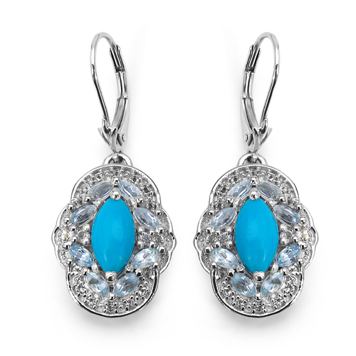 Earrings-3.35 Carat Genuine Turquoise, Blue Topaz & White Topaz .925 Sterling Silver Earrings
