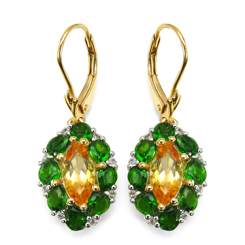 Citrine-14K Yellow Gold Plated 4.72 Carat Genuine Citrine, Chrome Diopside & White Topaz .925 Sterling Silver Earrings