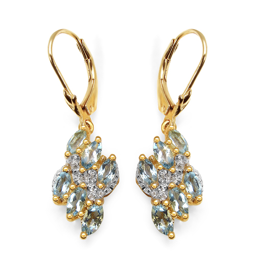 14K Yellow Gold Plated 1.55 Carat Genuine Aquamarine & White Topaz .925 Sterling Silver Earrings
