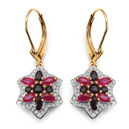 14K Yellow Gold Plated 1.70 Carat Genuine Ruby & Smoky Topaz .925 Sterling Silver Earrings