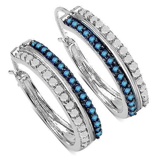 Earrings-0.96 Carat Genuine White Diamond & Blue Diamond .925 Sterling Silver Earrings