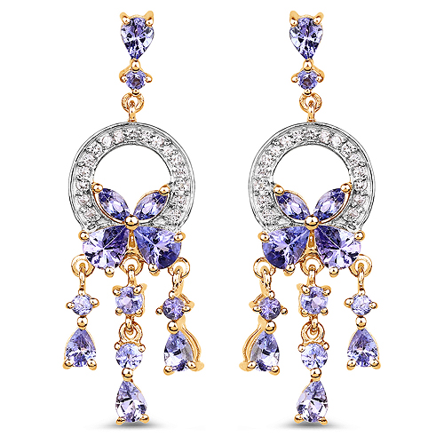 Earrings-14K Yellow Gold Plated 3.22 Carat Genuine Tanzanite and White Topaz .925 Sterling Silver Earrings