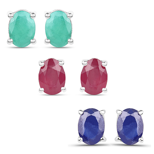 Emerald-5.30 Carat Emerald, Glass Filled Ruby and Glass Filled Sapphire .925 Sterling Silver Earrings