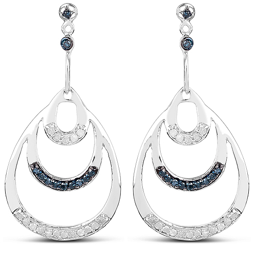 0.52 Carat Genuine White Diamond and Blue Diamond .925 Sterling Silver Earrings