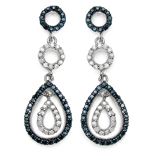 Earrings-0.90 Carat Genuine Blue Diamond & White Diamond .925 Sterling Silver Earrings