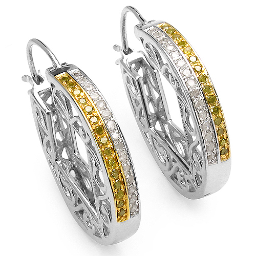 Earrings-0.54 Carat Genuine White Diamond & Yellow Diamond .925 Sterling Silver Earrings
