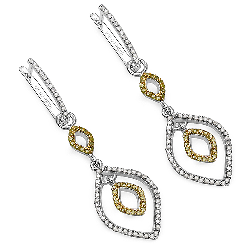 Earrings-1.00 Carat Genuine White Diamond & Yellow Diamond .925 Sterling Silver Earrings