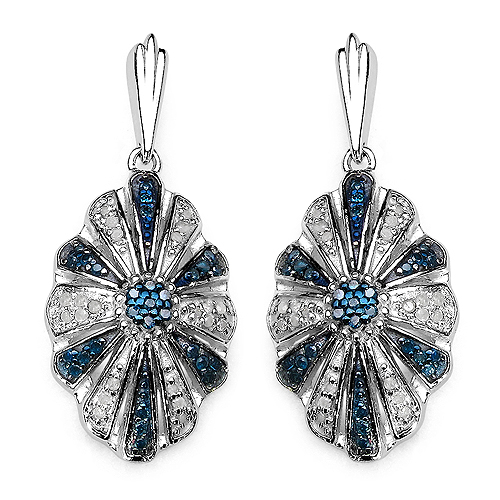 Earrings-0.60 Carat Genuine Blue Diamond & White Diamond .925 Sterling Silver Earrings