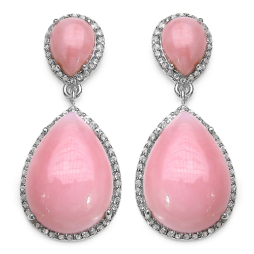 24.36 Carat Genuine Pink Opal and White Topaz .925 Sterling Silver Earrings