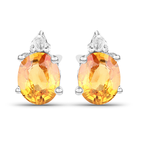 Earrings-0.78 Carat Genuine Yellow Sapphire and White Diamond .925 Sterling Silver Earrings