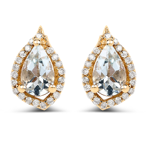 0.83 Carat Genuine Aquamarine and White Diamond 14K Yellow Gold Earrings