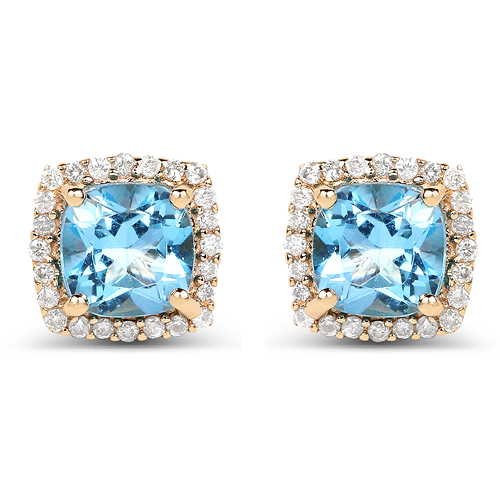 Earrings-1.58 Carat Genuine Swiss Blue Topaz and White Diamond 14K Yellow Gold Earrings