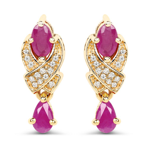 Earrings-1.12 Carat Genuine Ruby and White Diamond 14K Yellow Gold Earrings