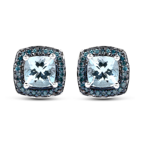 Earrings-1.16 Carat Genuine Aquamarine and Blue Diamond .925 Sterling Silver Earrings