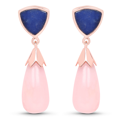 14K Rose Gold Plated 29.20 Carat Genuine Pink Opal & Blue Aventurine .925 Sterling Silver Earrings