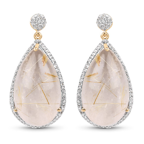 Earrings-14K Yellow Gold Plated 35.15 Carat Genuine Golden Rutile and White Topaz .925 Sterling Silver Earrings