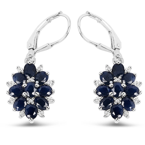 Earrings-3.94 Carat Blue Sapphire and White Zircon .925 Sterling Silver Earrings