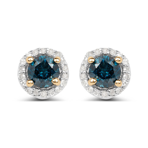 Earrings-14K Yellow Gold Plated 0.65 Carat Genuine Blue Diamond and White Diamond .925 Sterling Silver Earrings