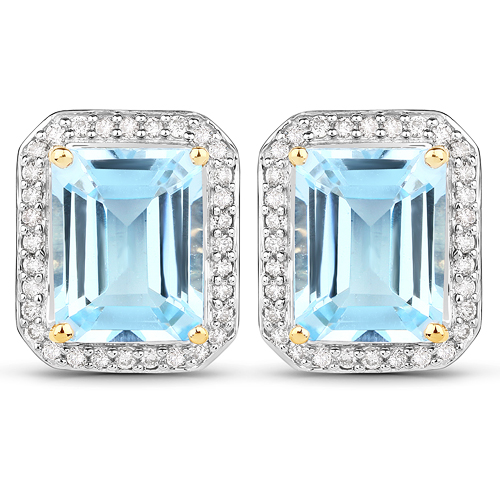 Earrings-5.49 Carat Genuine Blue Topaz and White Diamond 14K Yellow Gold Earrings