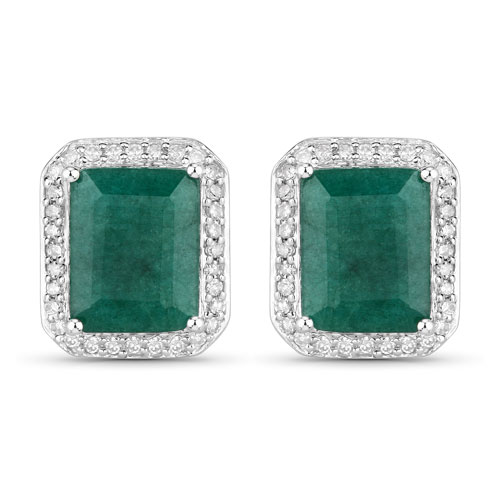 Emerald-4.64 Carat Dyed Emerald and White Diamond .925 Sterling Silver Earrings