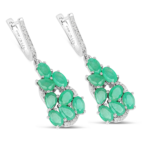 6.69 Carat Genuine Emerald and White Diamond .925 Sterling Silver Earrings