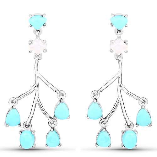 Earrings-3.55 Carat Genuine Turquoise and White Agate .925 Sterling Silver Earrings
