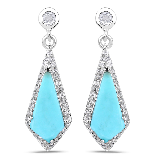 3.15 Carat Genuine Turquoise and White Topaz .925 Sterling Silver Earrings